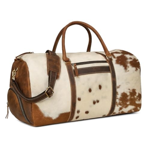 Leather Duffel Bag for Men & Women, Genuine Weekender Travel Bag, Handmade Overnight Gym Bag with Shoulder Strap, Carry-On for Business & Outdoor Travel (Hudson Hair Duffel, Brown & White, 22 Inch)