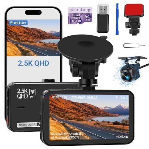 Dash Cam Front and Rear, Dash Camera for Cars WiFi/APP Control Dual Dashcam W/ 64GB Card, 2.5K Dash Cam Front+1080P Rear Car Camera W/Super Night Vision, Loop Recording, G-Sensor, Max Support 256GB