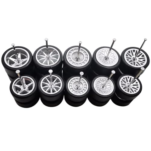 XYELKW 5 Set 1/64 Wheels Small Front and Large Rear 1/64 Wheels and Tires Set with 5 Styles Wheels and Removable Rubber Tires Suitable for Modification of 1 64 Scale Cars with Narrow Chassis (Silver)