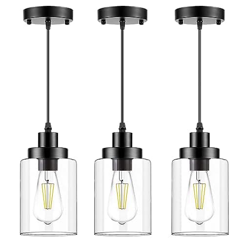 WimiSom Industrial Pendant Lighting, Modern Clear Glass Shade Farmhouse Adjustable Hanging Light Fixtures for Kitchen Island Living Room Bedroom Hallway, 3-Pack