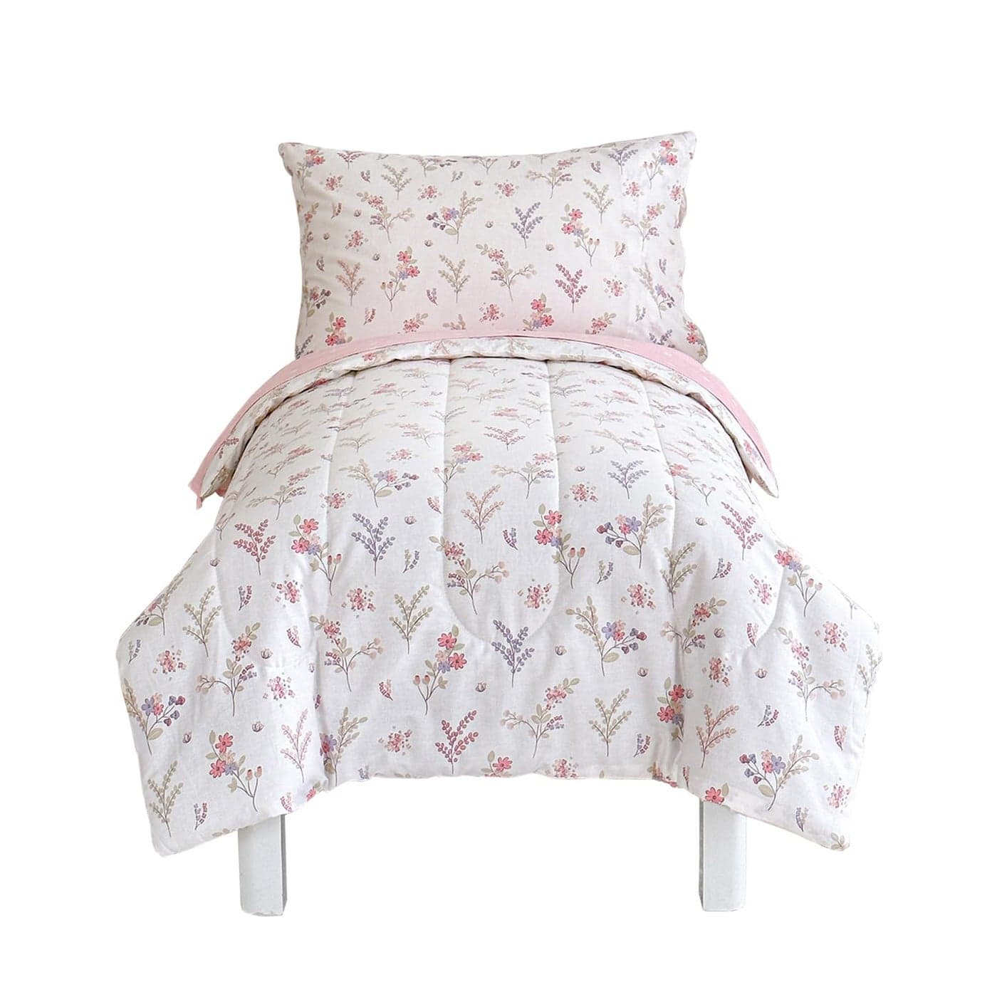 Joyreap 4 Piece Cotton Toddler Bedding Set for Girls Flowers n Leaves Pink Design Soft Breathable Cotton Toddler Comforter Set Includes Quilted Comforter Fitted Sheet Top Sheet and Pillow Case