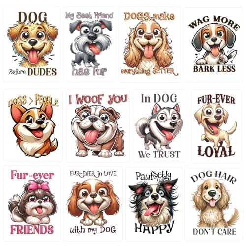 12pcs Sarcastic Dogs Iron on Decals Heat Transfer Vinyl Sticker Patches Washable Thermal Transfer Appliques DIY Craft Decor for TShirt Clothes Pillow Cover