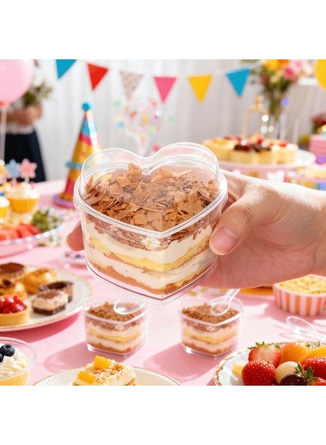 50 pcs Heart-Shaped Mini Dessert Cups with Lids & Spoons | 5-Ounce Plastic Bowls Suitable for Yogurt, Jelly, Ice Cream, and Fruit Salad - Perfect for Parties, Birthdays, Weddings, and Holidays