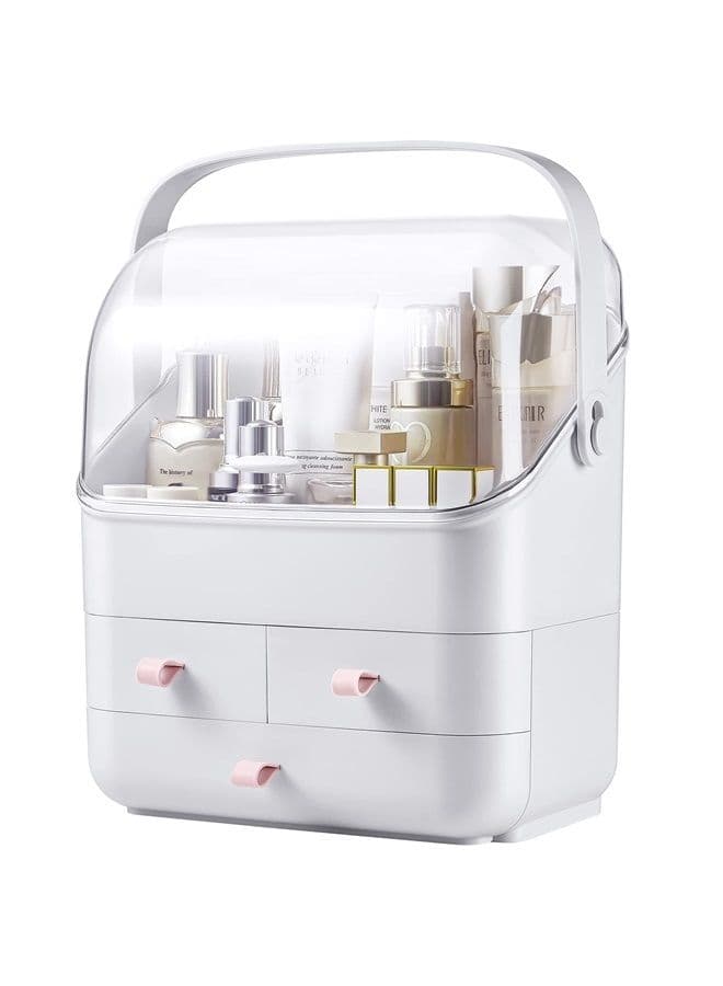 Makeup Organizer Holder Cosmetic Storage Box with Dust Free Cover Portable Handle,Fully Open Waterproof Lid, Dust Proof Drawers,Great for Bathroom Countertop Bedroom Dresser