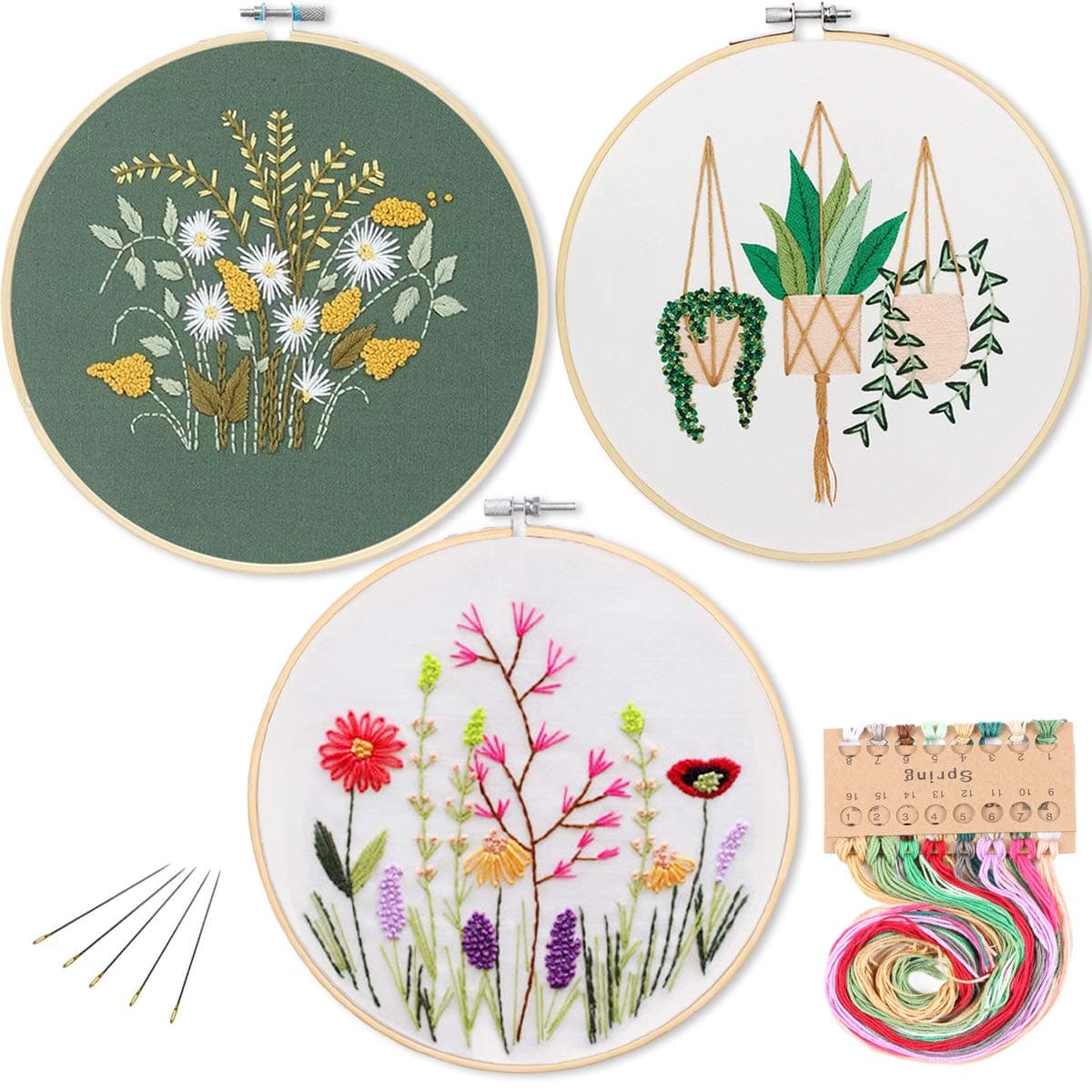 3 Pack Embroidery Starter Kit with Pattern Kissbuty Full Range of Stamped Embroidery Kit Including Embroidery Fabric with Pattern Bamboo Embroidery Hoops Color Threads and Tools Kit Floral Plants