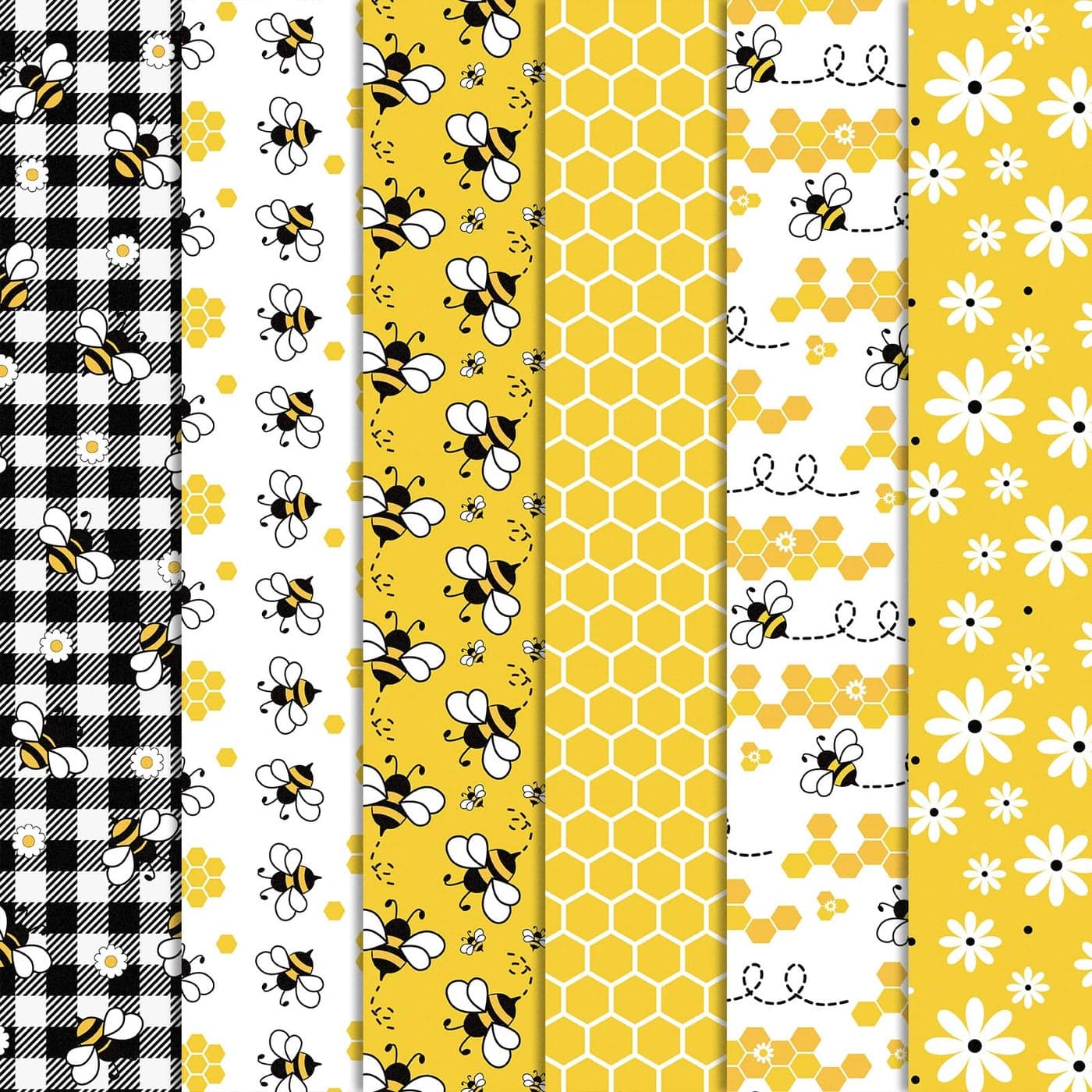 Whaline 6Pcs Bee Cotton Fabric Bundles Bee Daisy Honeycomb Plaid Fat Quarters Theme Quilting Patchwork Squares for Summer DIY Handmade Craft Decor 18 x 22 Inch
