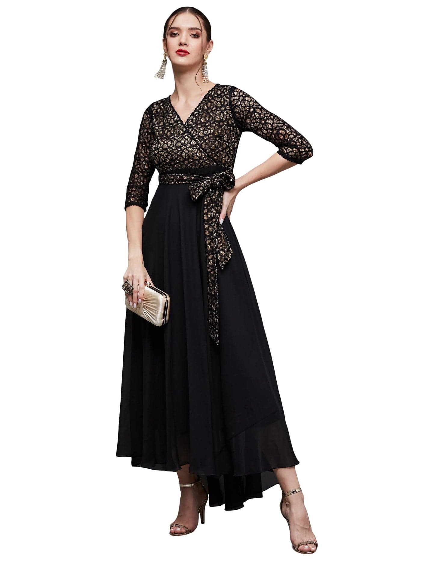 Miss Chase Women's Floral Printed Relaxed Fit V-Neck 3/4th Sleeve Maxi Dress (MCSS21D14-67-62-05, Black, L)