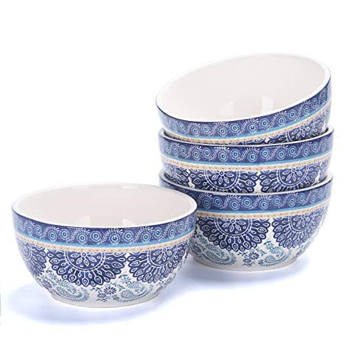 Bico Blue Talavera Cereal Bowls Set of 4, 26 oz Deep Ceramic Soup Bowls for Cereal, Salad, Noodles, Kitchen, Microwave and Dishwasher Safe, Gift for Housewarming and Thanksgiving