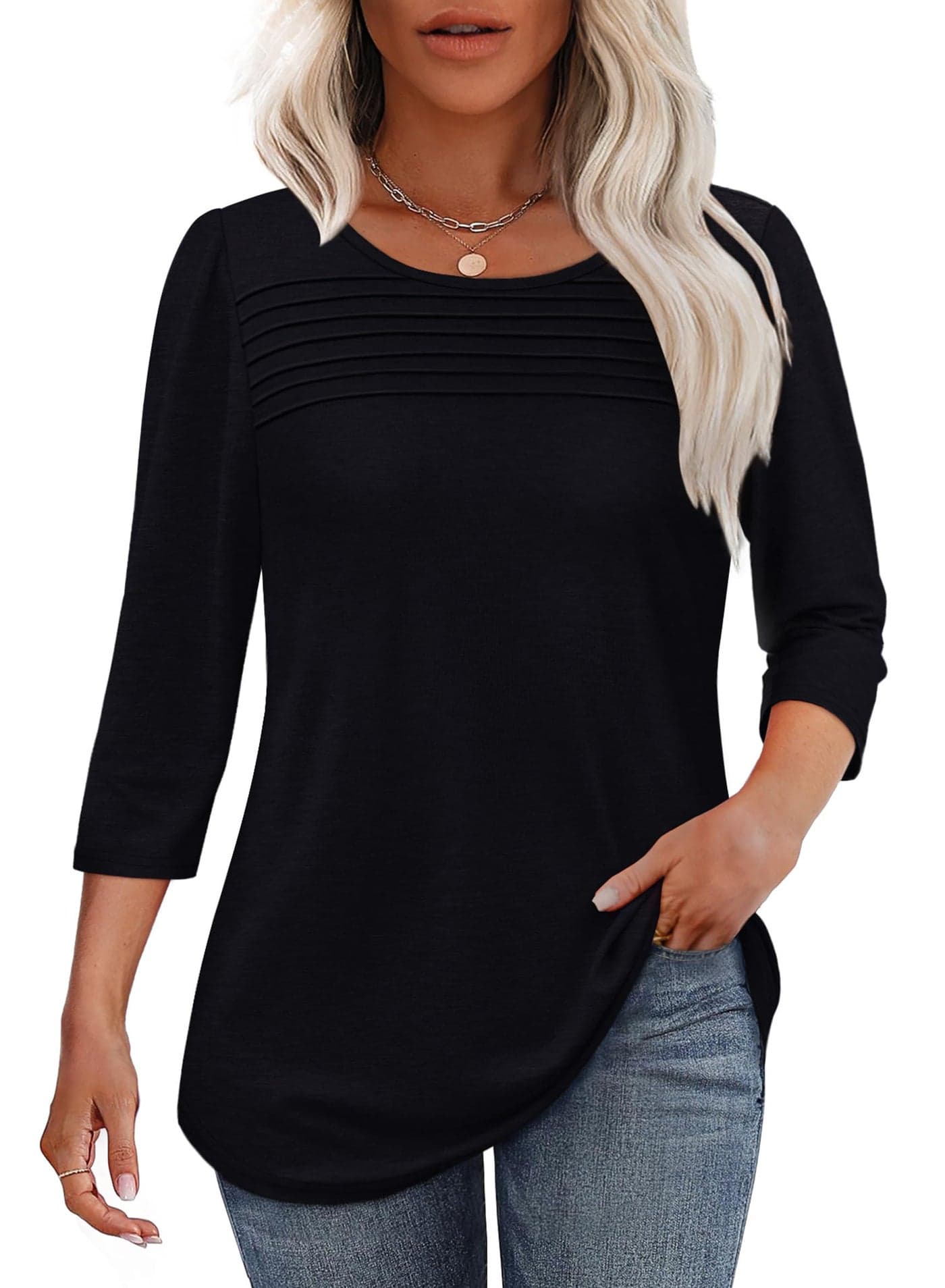 Blouses for Women Dressy Casual 3/4 Length Sleeve Trendy Spring Fashion 2025 Plus Size Women's Clothing Summer Tops Beach Vacation Clothes Black 3XL