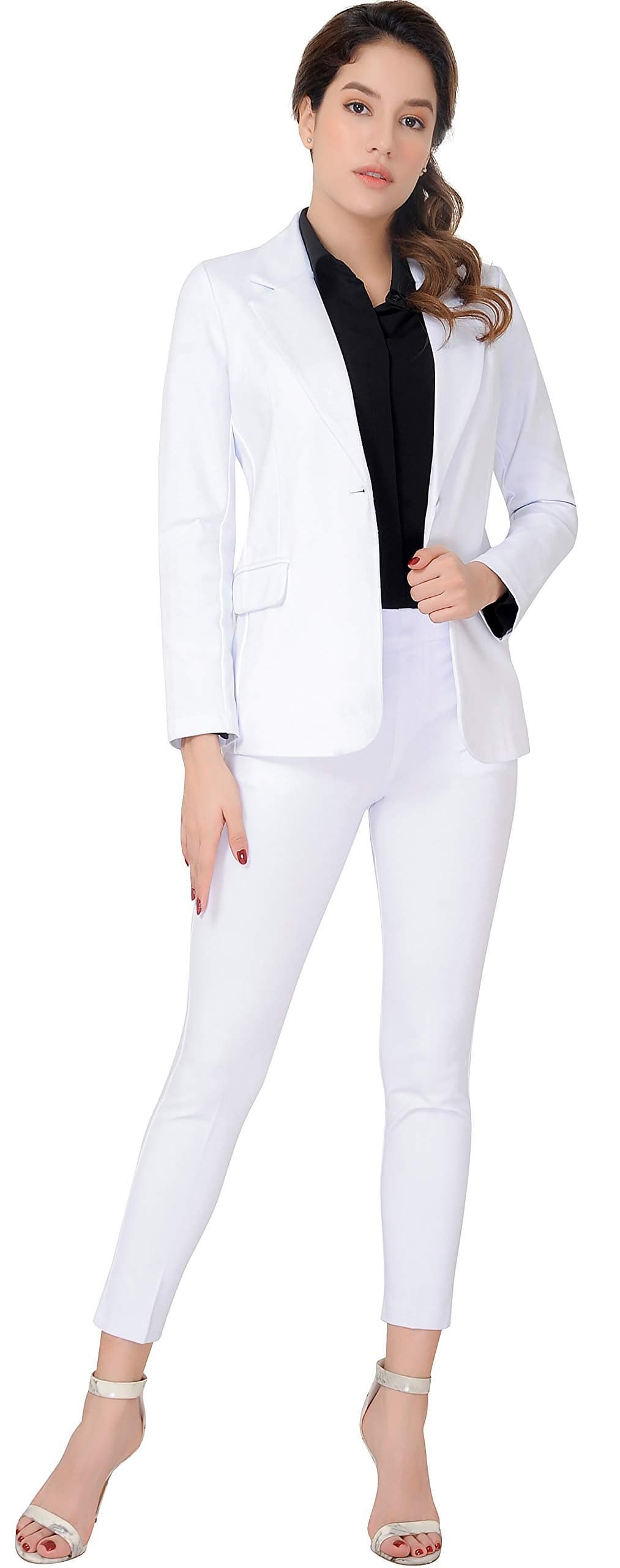 Marycrafts Womens Two Piece Suits Business Blazer Pant Suit Set for Work Professional Outfit Office Wear Formal Business Attire 10 White