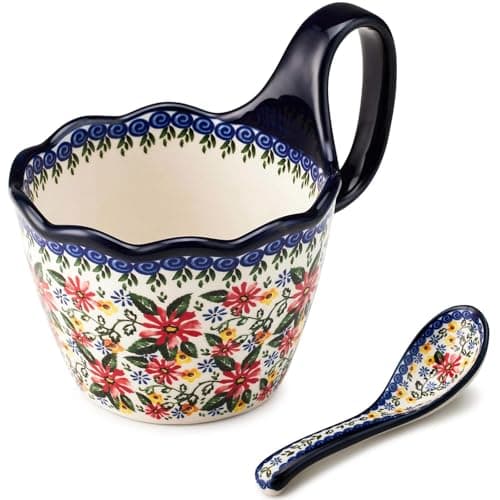 Cteaffee Ceramic Soup Bowl and Mug Set 14oz, Hand-Painted Floral Stoneware Coffee Cup with Spoon, Large Soup Bowls with Handle, Microwave & Dishwasher Safe Polish Pottery Style (Daisies)