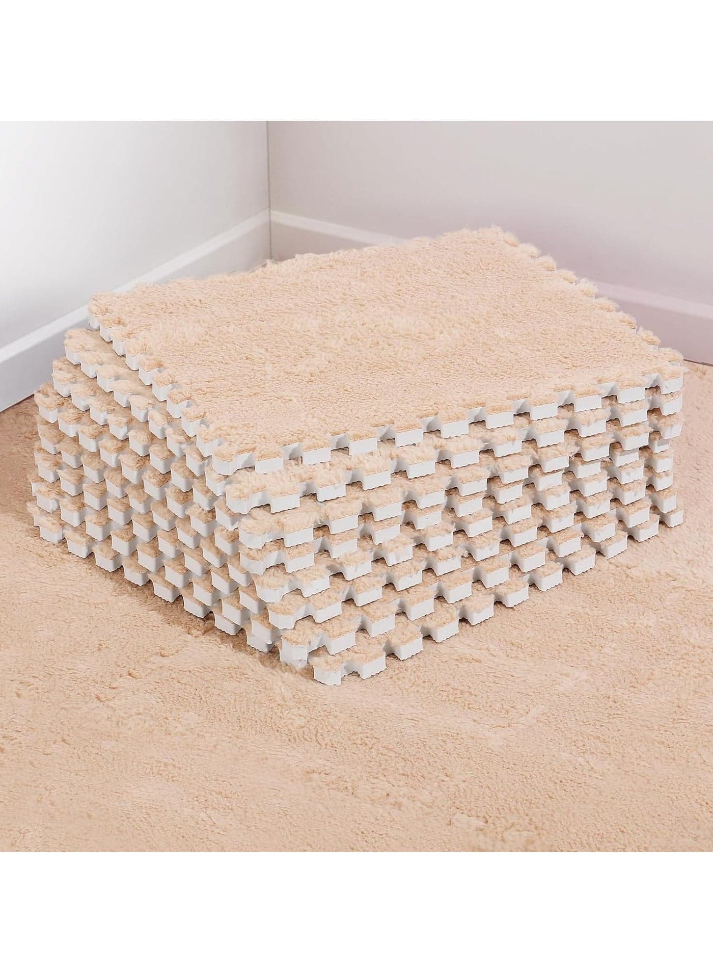 12 Pcs Interlocking Carpet Shaggy Soft EVA Foam Mats 11.8 x 11.8 Inch Fluffy Area Rugs Protective Floor Tiles Exercise Play Mat for Home Playroom Decor/Exercise Gym Mats (Apricot 11.8 x 11.8 Inch)