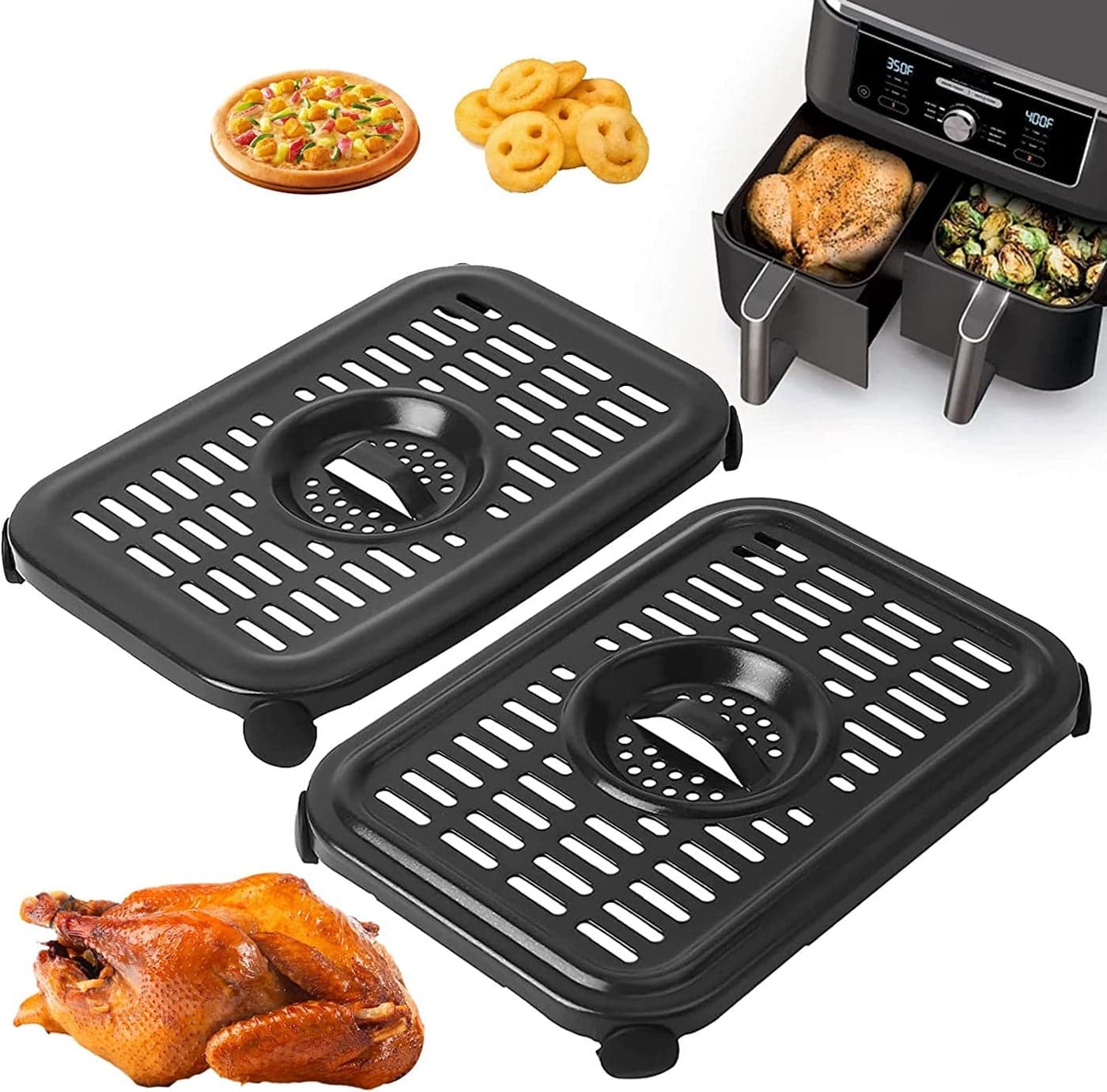 Air Fryer Grill Pan for Ninja Foodi DZ090/DZ201/DZ100(US)AF300(UK)6-in-1 7.6L Dual Zone Air Fryer, 2-Pack Replacement Crisper & Grill Plates with Rubber Bumpers, Dishwasher Safe