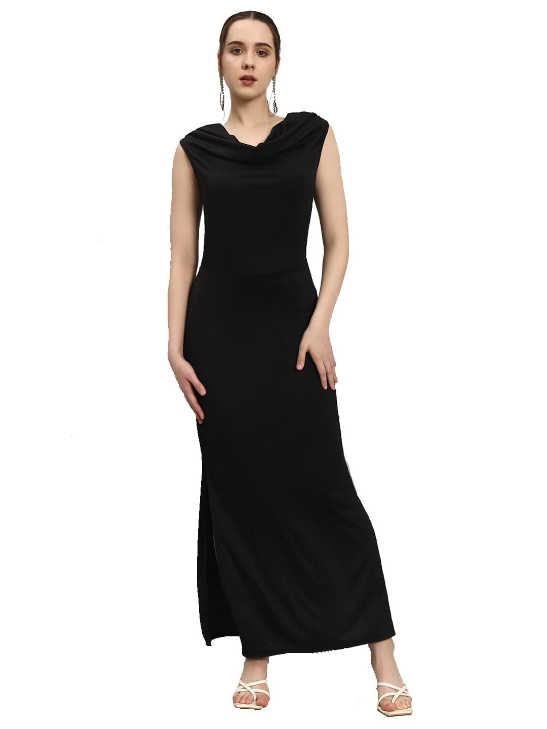 Vaararo Sleeveless Party Dress for Women with Side Slit | Shiny Lycra Cowl Neck Bodycon Maxi Length Outfit Black X-Large