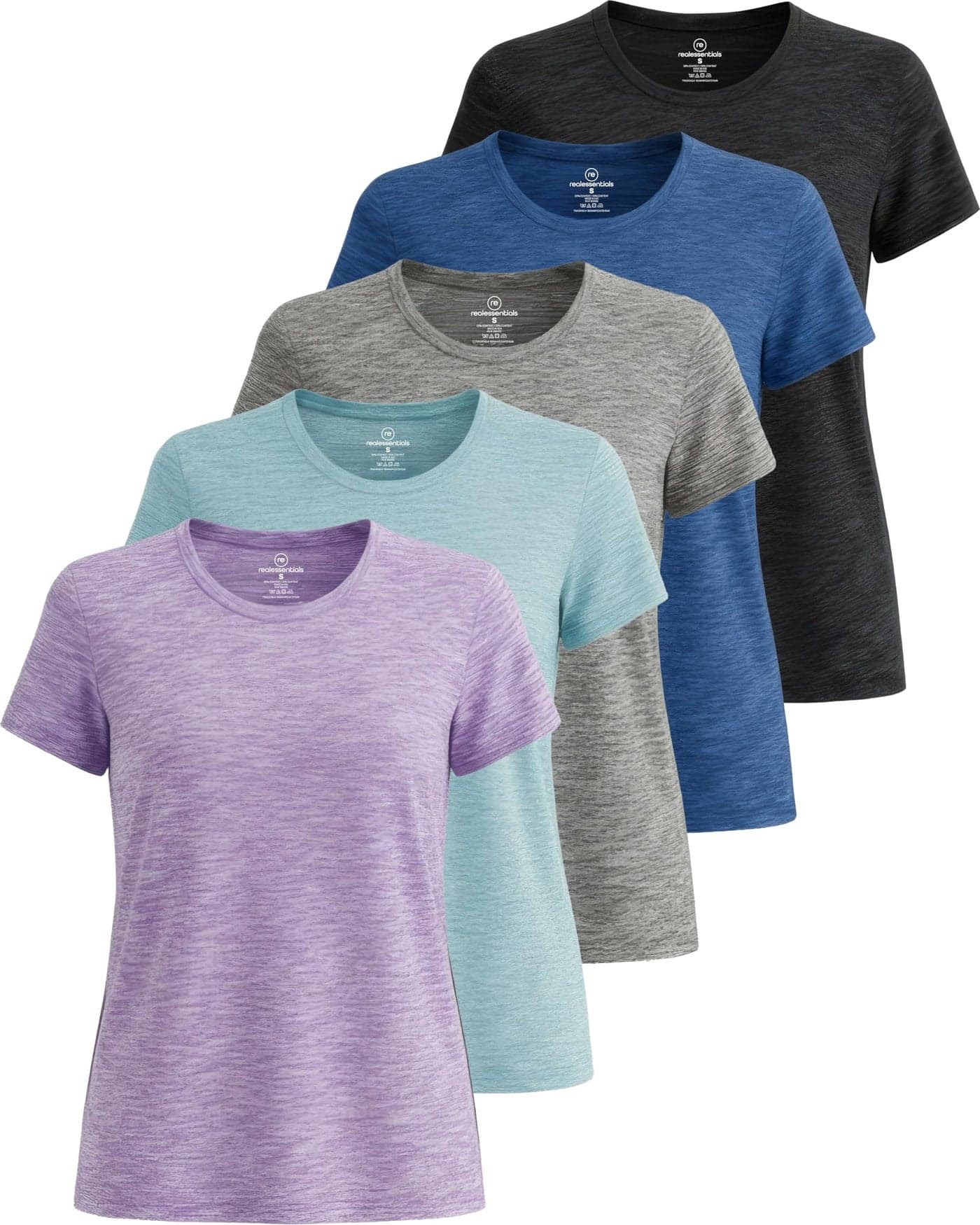 Real Essentials 5 Pack: Women's Short Sleeve T-Shirts Workout Tops Fitness Pilates Gym Activewear Athletic (Plus Available), Set 1, XXL, Pack of 5