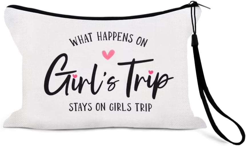 Sisadodo Travel Makeup Bag Organiser for Teenage Girls Funny Cosmetic Storage Bag for Holidays Trips What Happens on Girls Trip Print Toiletry Organiser Pouch for Women Girl with Anti Loss Strap