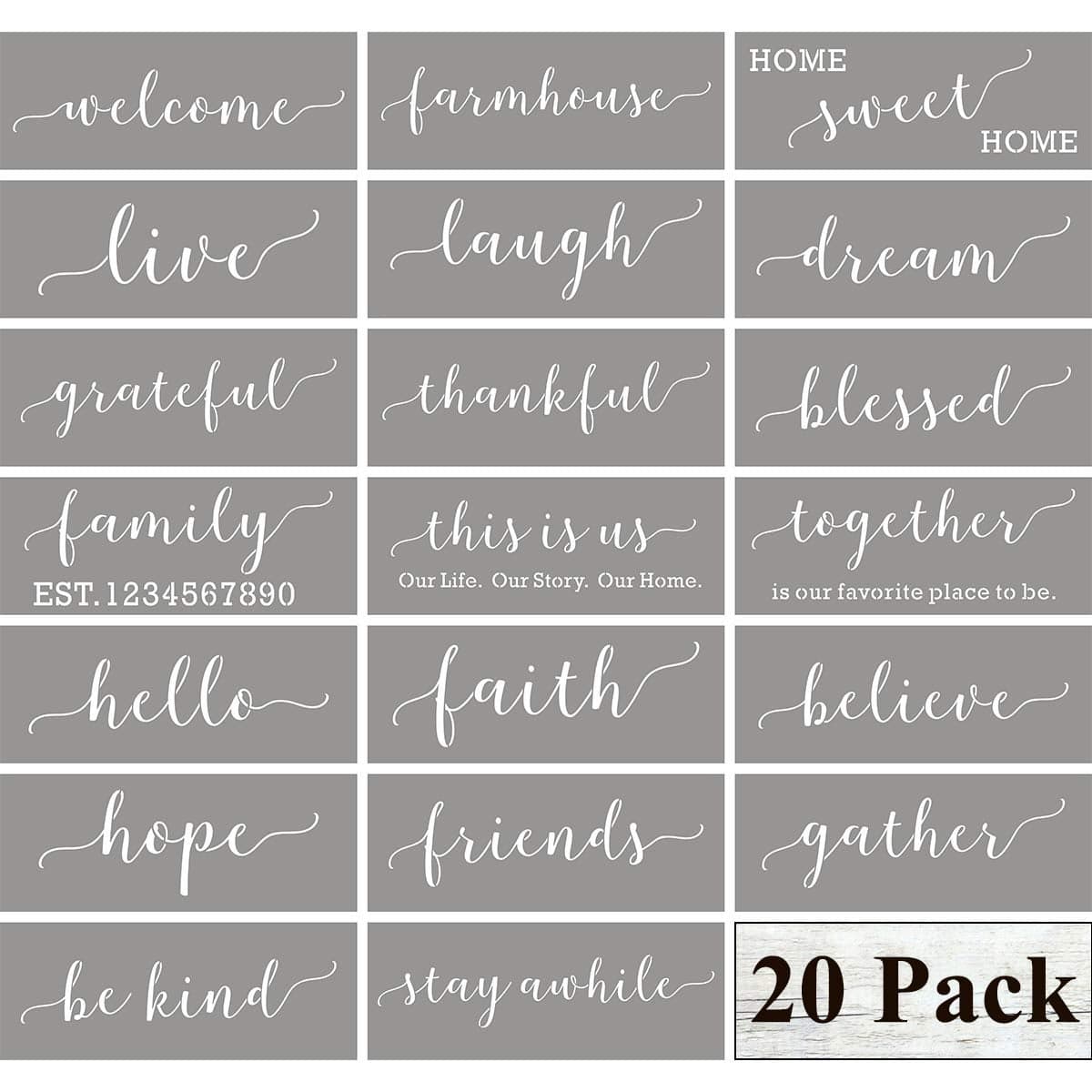 Family Farmhouse Stencils for Painting on Wood 20 Pack Large Inspirational Words Quotes Saying Sign Stencil Templates Welcome Believe Blessed Thankful and More Reusable Letter Stencils for Walls
