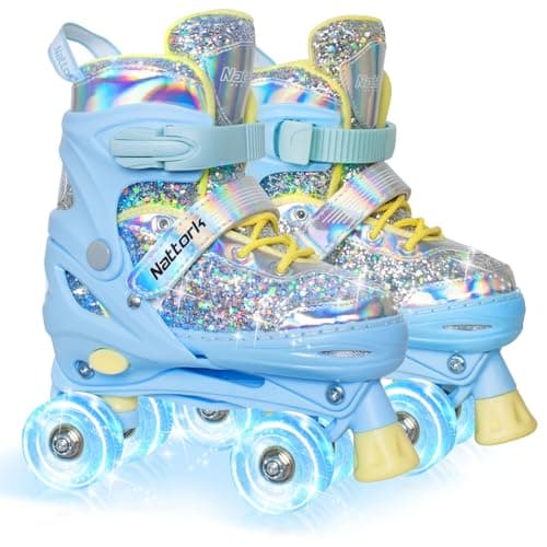 Nattork Kids Roller Skates for Girls Kids, 4 Sizes Adjustable Girls Roller Skates for Ages 3-12 with Light up Wheels & Safety Protection - Cool Birthday Gift for Indoor Outdoor Sports