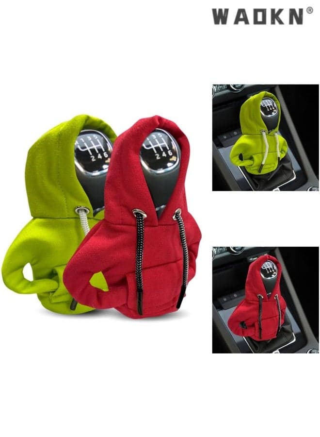2 pcs Car Gear Shift Hoodie , Fashionable Gear Shift Knob Cover , Mini Hoodie for Auto Shifter , Auto Interior Cute Gadgets , Universal Car Decoration Accessories , Fashion shift knob decoration hoodie , green and red .
