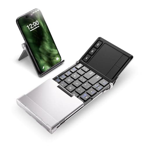 iClever Foldable Keyboard, BK08 Foldable Bluetooth Keyboard with Touchpad, Aluminum Build, USB-C Charge, Equipped with Stand Holder and Carrying Bag, Portable for Laptop, iPad, iPhone, Silver