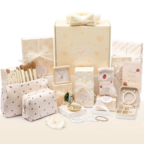 Joyliss Easter Gifts for Tween Teen Girls 11PCS Birthday Gifts Basket Teen Girls Gifts Trendy Stuff with Empowering Challenges Makeup Brushes Bag Positive Wrapped Gift Box for Daughter Niece