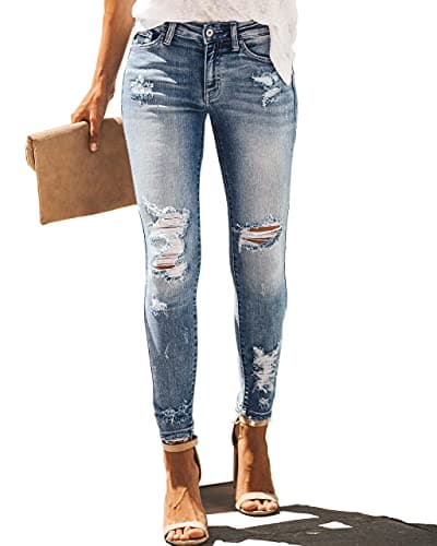 Allimy Women's High Rise Skinny Stretch Ripped Jeans High Waisted Destroyed Denim Pants Size 10 Blue