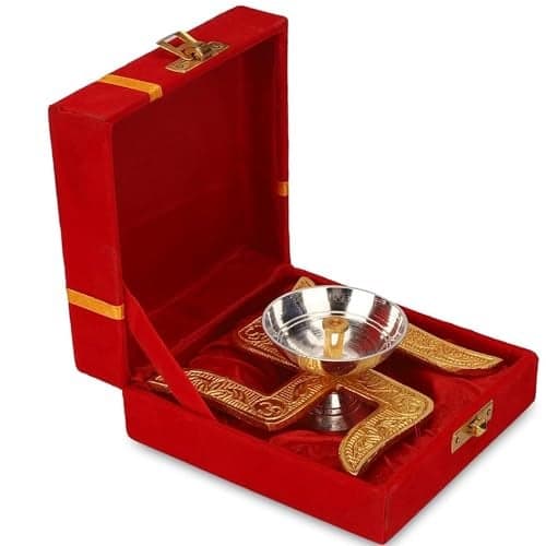 Ein Sof Swastik Brass Akhand Diya for Puja with Gift Box, Gold & White Akhand Diyas Pooja Room Decoration, Return Gift & House Warming Gift