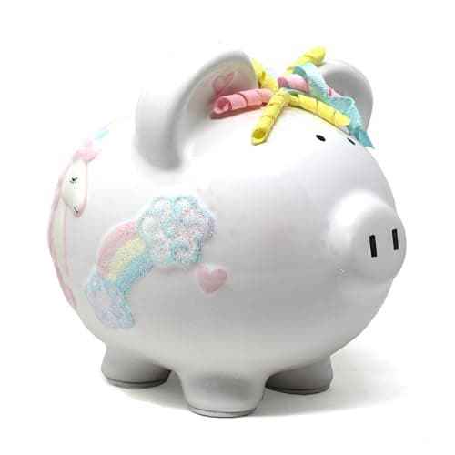 Child to Cherish Ceramic Piggy Bank for Girls, (Unicorns and Rainbows)