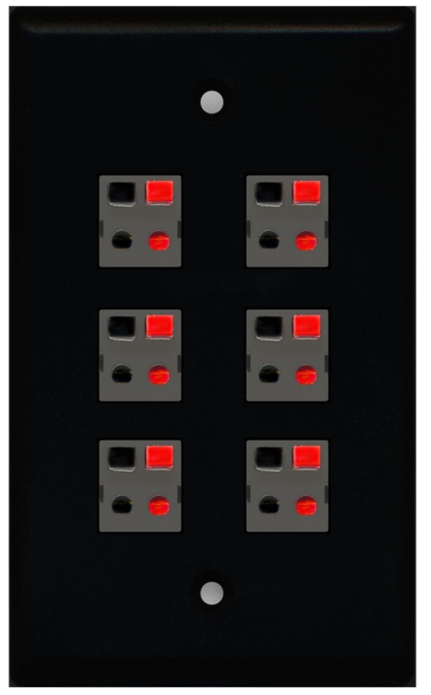 RiteAV 6 Port Speaker Jack Single Gang Wall Plate for Home Theater - Black