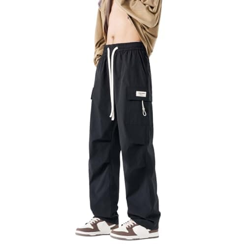 Venzina Men's Cargo Casual Pants, 2-in-1 Straight Leg & JoggerAnkle, Waterproof Quick-Dry Work Pants with Adjustable Drawstring, for Hiking Travel, Black-L