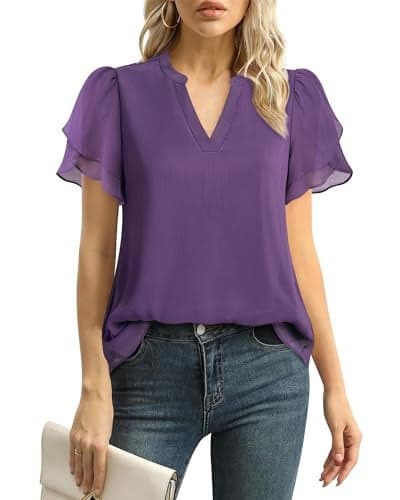 Lotusmile Chiffon Blouses - Flutter Sleeve, Dressy Casual & Office Attire for Women - Purple Double Layered Tops - Spring 2021 Trendy Tops