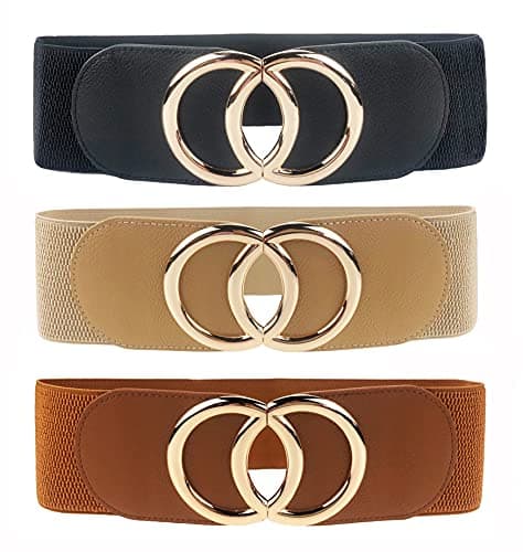 Swtddy Women's Elastic Wide Stretchy Waist Cinch Belt Waistband For Dresses (Suit For Waist Size 27"-35", Golden O Design Black+Khaki+Camel)