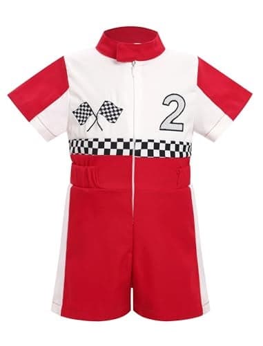 OBEEII Baby Boys 2nd Birthday Outfit Toddler Race Car Driver Romper Two Year Old Kids First Birthday Cake Smash Photoshoot Jumpsuit Party One Piece Clothes Checkered Racer Outfit Red-2Y 18-24 Months
