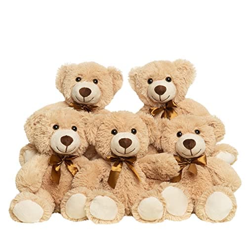 Quaakssi Teddy Bears Bulk 5 Packs 135 Inches Small Stuffed Bears Pack for Christmas Valentines Baby Shower Party Decorations Centerpieces Favors Light Brown