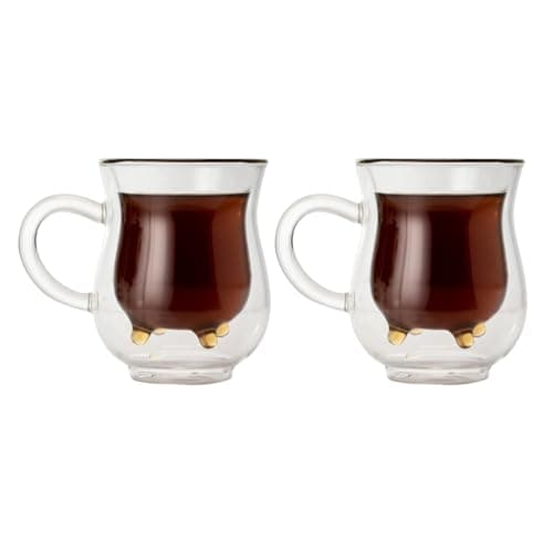Bhaguji Mug Double Wall Insulated Glass Cup Heat-Resistant for Tea Coffee Latte Espresso Iced Tea Dishwasher & Microwave Safe with Handle, Best Gift for Mother's Day, Set of 2 (200ML Each(Round))