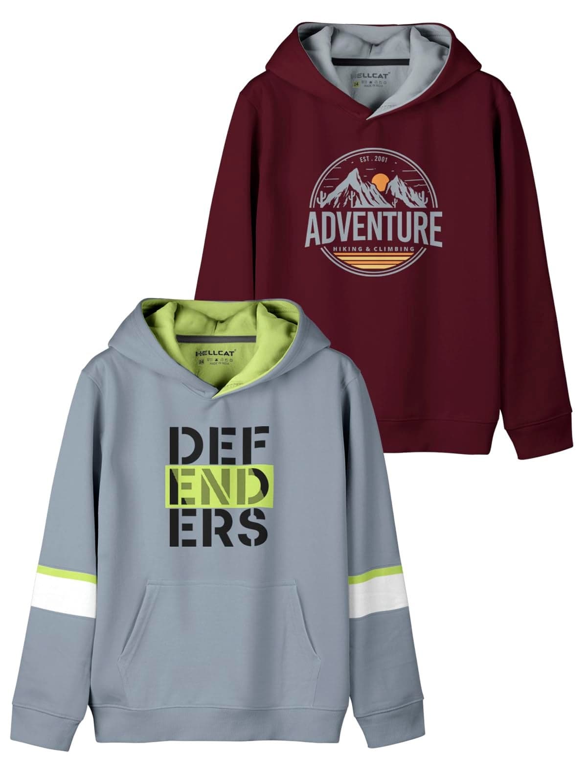 HELLCAT Printed Cotton Blend Hoodie, Hooded Neck Regular Fit Sweatshirt For Boys - Pack Of 2, Bluish Grey/Burgundy, 3-4 Years