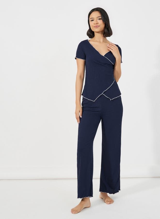 Mono Contrast Edge Rib Wrap Over T-Shirt & Pyjama Set