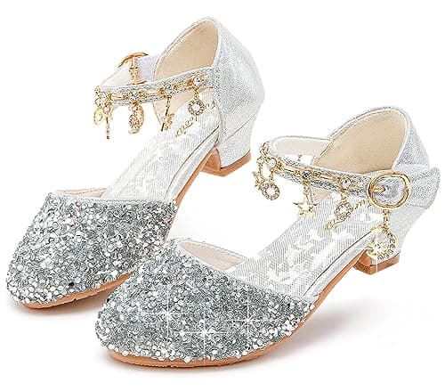 Furdeour Girls Sandals High Heels for Kids Toddler Girls Heel Flower Girls Party Size 11(2902Silver 11)