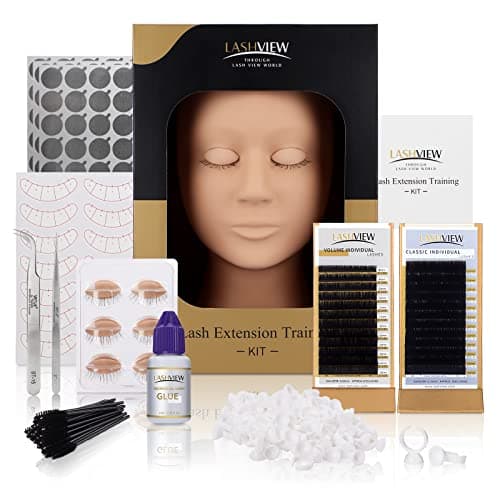 LASHVIEW Lash Extension Kit Eyelash Extension KitProfessional Eyelash Mannequin Head Kit with 4pc Removable Eyelids Lash Kit for Eyelash Extensions BeginnersTraining Makeup and Eyelash Graft