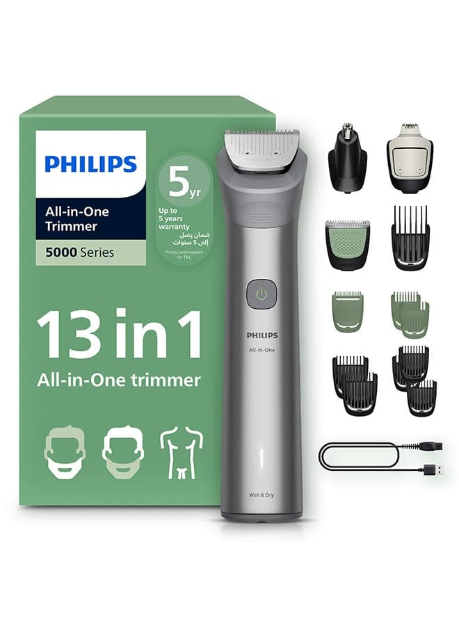 All-in-One Trimmer MG5942/15 | 13-in-1 Face, Hair & Body Grooming | Maintenance-Free Self-Sharpening Blades | 120min Cordless | Fully Waterproof | USB-A Charging | Pouch 120min/1hr charge, 13in1 Face/hair/body-Grey