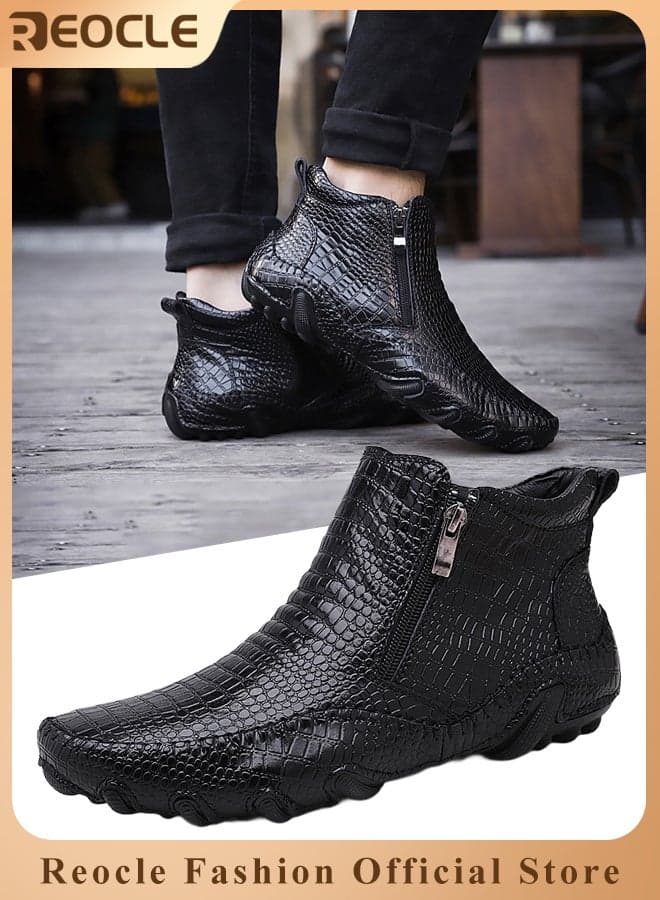 Men's Fashion Plaid Zipper Leather Shoes with Crocodile Stripes Casual Boots & Anti-slip Sole & Textured Leather & Business Casual Style for Men