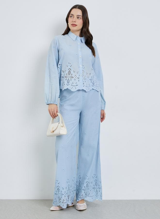 Women Blue Schiffli Wide Leg Pants