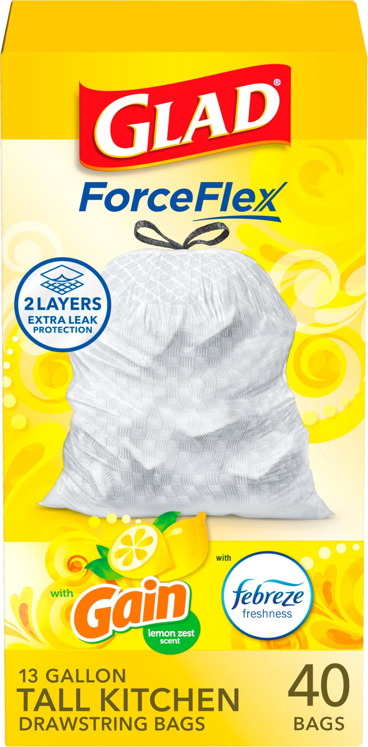 Glad ForceFlex Tall Kitchen Drawstring Trash Bags 13 Gal Gain Lemon Zest 40 Ct Package May Vary
