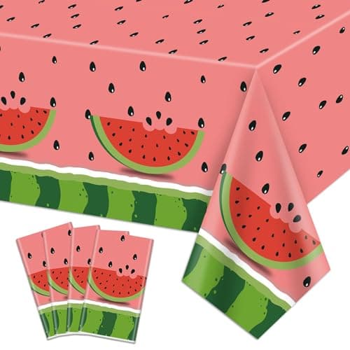 PTECDROTS 4Pcs Watermelon Party Tablecloth, Rectangular Plastic Watermelon Table Covers, Watermelon Birthday Party Supplies for Kids Birthday Baby Shower Summer Fruit Party, 86 x 51 Inch
