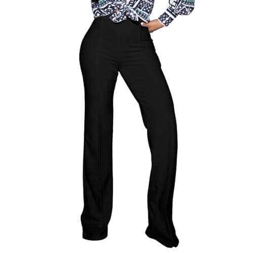 PINSV Women's High Waisted Stretchy Bootcut Pull On Dress Pants Casual Work Pants 3257 Black L