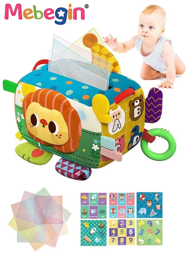 Baby Tissue Box Toy with 5 Ringing Paper and 14 Gauze Scarves, Sensory Toys for Babies, Soft Crinkle Toys, Fun Developmental Tissue Box Toy, Made of Non-toxic Material, Ideal Gift for Kids