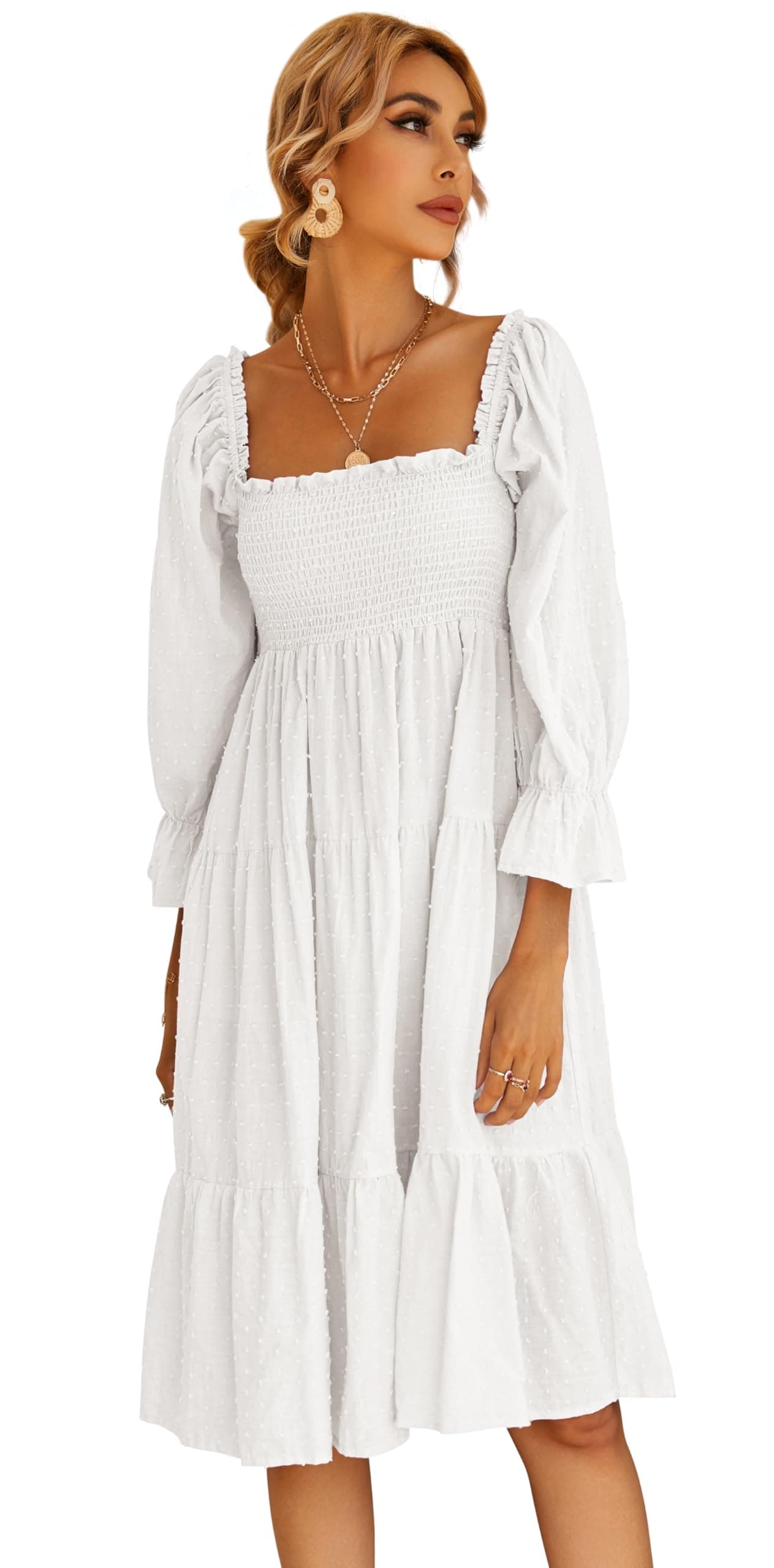 R.Vivimos Women's Summer Cotton Polka Dots Puff Sleeves Bow Casual Off-Shoulder Boho Midi Dress (Small,White)