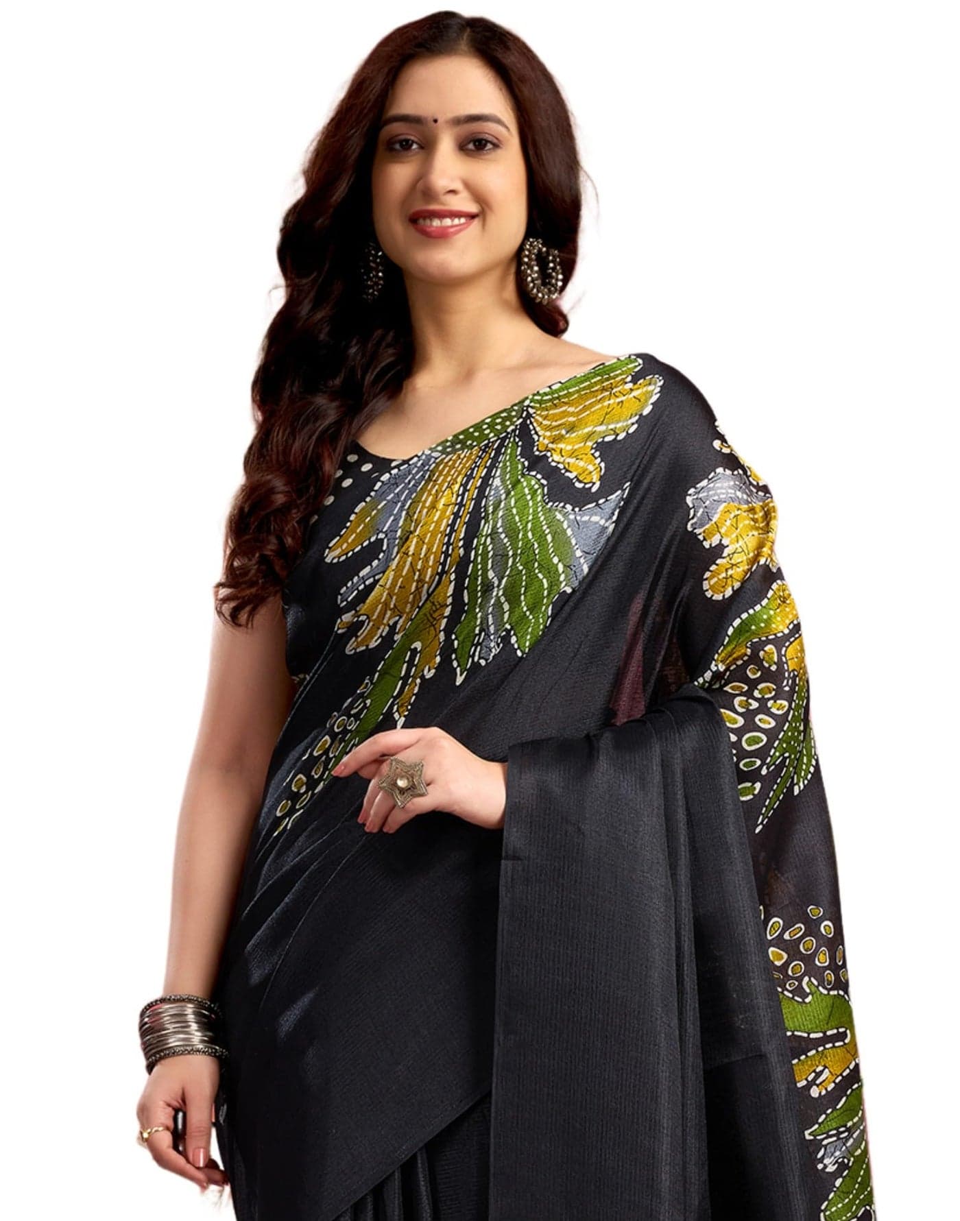 SIRIL Women's Cotton Printed Saree with Unstitched blouse Piece (4310S263_Black & Green)