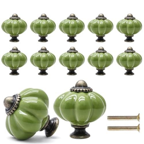Cionyce 12 Pack Sage Green Pumpkin Knobs Ceramic Cabinet Knobs Retro Dresser Vintage Drawer Pulls for Vanity Closet