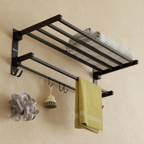 GRIVAN Heavy-Duty Stainless Steel 24 Inch Foldable Towel Rack/Shelf/Stand for Bathroom, Wall-Mounted Towel Holder with Hooks and Hanger (Black Matte Finish)